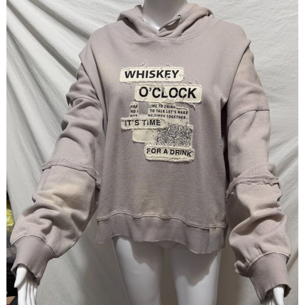 Cleo + Wolf Size Large Whiskey O' Clock Time For A Drink Cropped Beige Hoodie